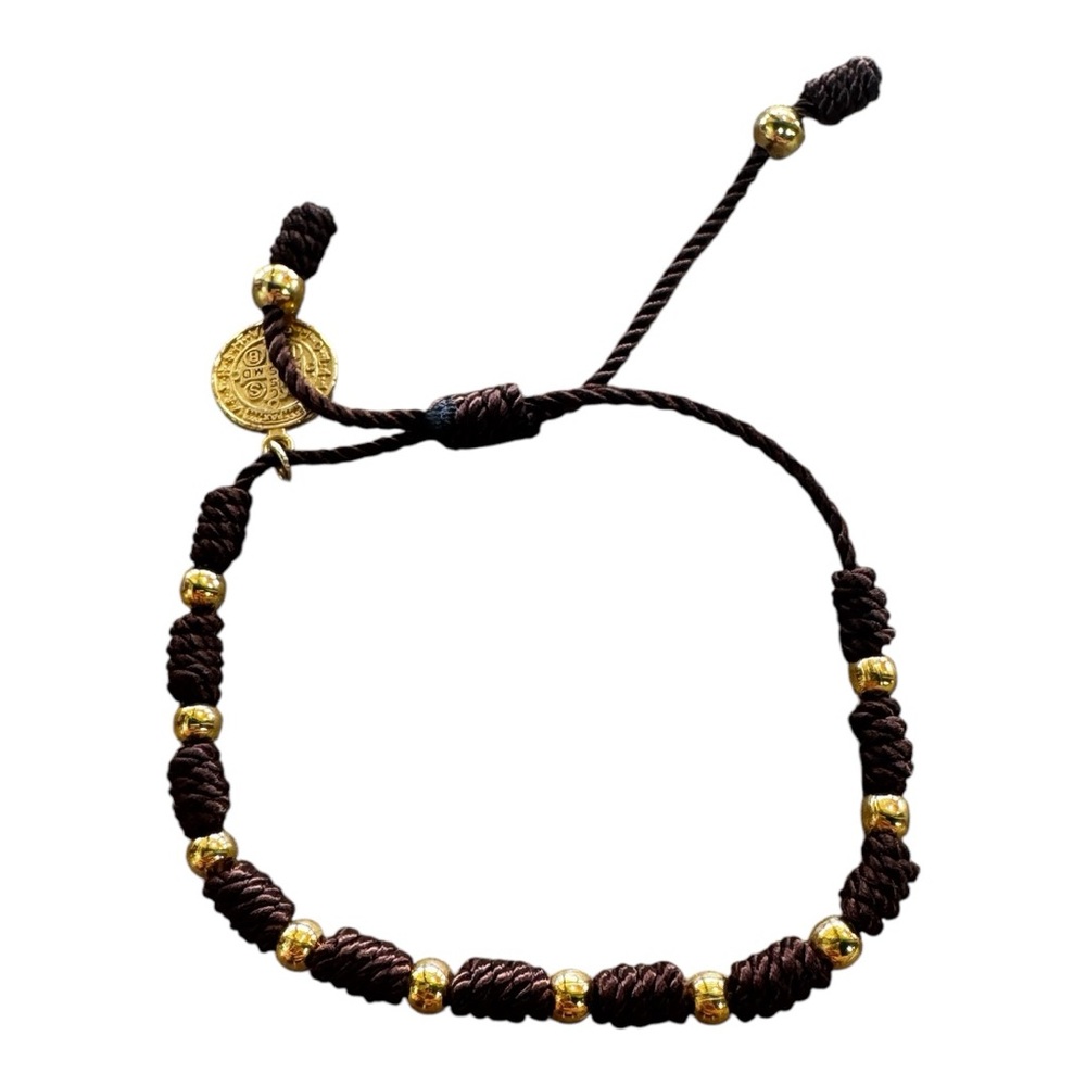 Brown w/ gold beads Adjustable denarius w/San Friscan knots w/St Benedict medal